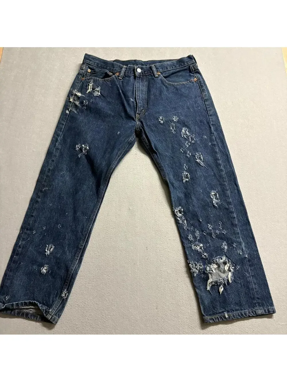 Levis 505 Regular Fit Distressed Jeans Mens 36x29 Blue Denim Heavy Destroyed